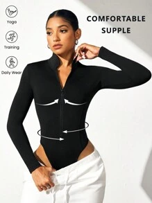 Easithlete 优雅休闲立领运动拉链连体裤，修身纯色长袖健身连体裤，时尚性感瑜伽连体裤 - 黑色 - 查看 7