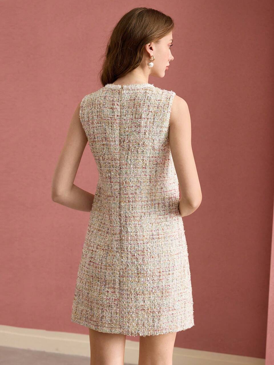 TWEED CONTRAST BINDING NOTCHED V NECK DRESS