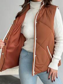 SHEIN Privé Women's Casual Warm Quilted Cotton Padded Vest With Contrasting Trim And Pockets, Suitable For Autumn/Winter Home Wear - Rust Brown - View 8