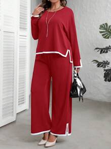 EMERY ROSE Conjunto de temporada de otoño de talla grande para mujer con blusa de cuello redondo de manga larga con abertura lateral en el bajo y pantalones de pierna ancha