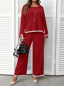 EMERY ROSE Conjunto de temporada de otoño de talla grande para mujer con blusa de cuello redondo de manga larga con abertura lateral en el bajo y pantalones de pierna ancha