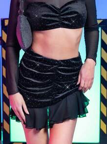 FREAK CITY Designer Women's Black Rhinestone Velvet And Mesh Ruffled Hemline Skirt, Going Out, Vacation, Spring, Beach, Festival, Ibiza Fits