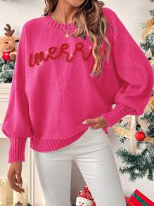 SHEIN LUNE Women's Autumn/Winter Contrast Color Letter Christmas Sweater, Oversized Turtleneck Knitted Pullover  Fall Outfit