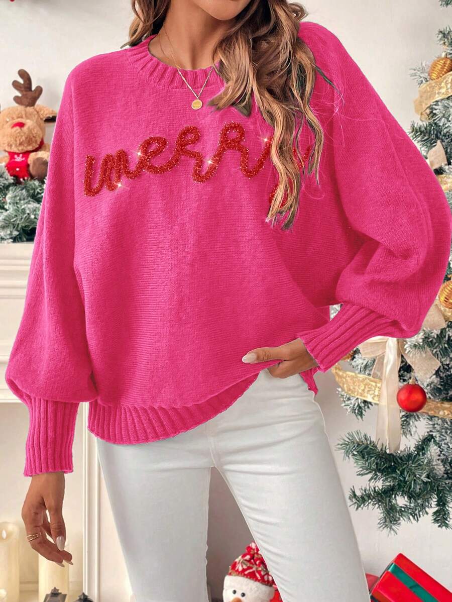 SHEIN LUNE Women's Autumn/Winter Contrast Color Letter Christmas Sweater, Oversized Turtleneck Knitted Pullover  Fall Outfit