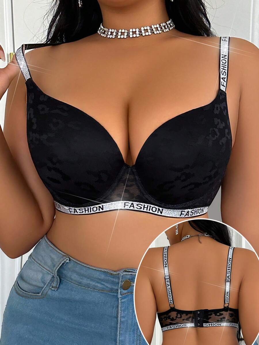 Curve Leopard Underwire Push Up T-Shirt Bra With Washable Rhinestones Strap - Black - View 1