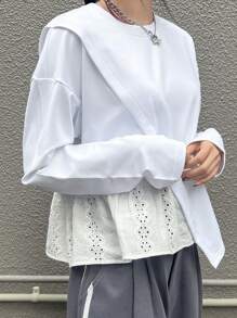 FRIFUL Women Solid Color Loose Crew Neck Lace Patchwork Asymmetrical Hem T-Shirt - White - View 3