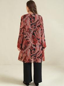SHEIN Clasi طقم كاجوال للنساء بمقاسات كبيرة، ملابس علوية طويلة الأكمام بطبعة زهور الكاجو من الشيفون وبنطال - متعدد الألوان - مشاهدة 2
