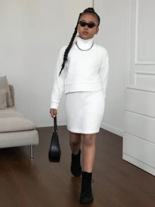 SHEIN Explorewe Tween 女童纯色简约北欧风高领短款毛衣和迷你裙套装，温暖且适合秋冬季分层搭配 - 白色 - 查看 6