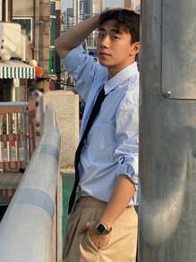 DAZY Men's Commuter Style Solid Blue Office Shirt,Fall Clothes Long Sleeve Men Shirt - Blue - View 3