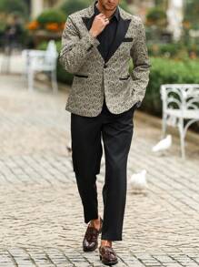 Manfinity AFTRDRK Men's Solid Color Patchwork Button Front Long Sleeve Top And Pants Suit Set, Simple - Gold - View 3