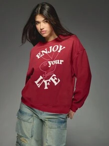 Missguided x Playboy 冬季舒适休闲圆领长袖个性运动衫励志信息超大套头衫假日运动休闲保暖必备 - 酒紅色 - 查看 3