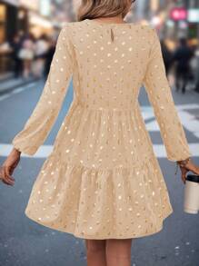 Chiquease 女士箔波点印花圆领灯笼袖宽松娃娃裙