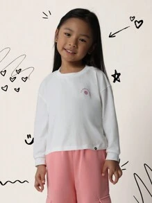 SUMWON Young Girls Comfy Oversized Long Sleeve Tee With Small Graphic Print - White - View 1