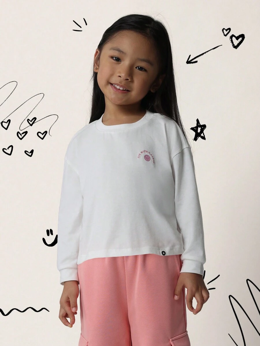 SUMWON Young Girls Comfy Oversized Long Sleeve Tee With Small Graphic Print - White - View 1