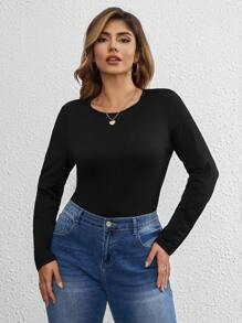 SHEIN Tall CURVE 大码女式纯色圆领长袖休闲 T 恤紧身衣，秋季 - 黑色 - 查看 4