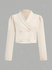 SHEIN Explorewe Setelan 2 Potong untuk Anak Perempuan Remaja: Jaket Lengan Panjang Berkerah Warna Polos dengan Kancing Ganda & Rok Mini, Musim Gugur - Aprikot - View 4