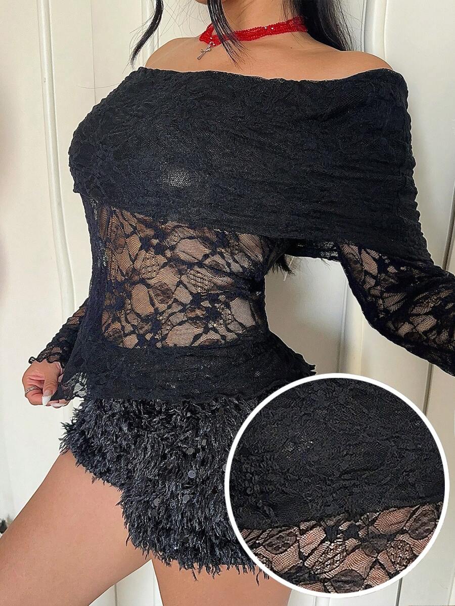 Flirla Áo cánh ren ôm sát tay dài hở vai cỡ lớn cho nữ - màu đen - Xem 1