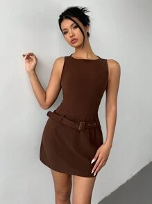 Aloruh Vestido mini acampanado de mujer en pana cepillada, con escote de barco, sin mangas, hombros descubiertos, y cinturón marrón con hebilla metálica decorativa