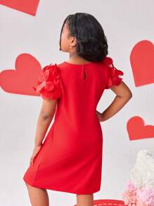 Vestido línea A con cuello redondo para niñas preadolescentes, con decoración de malla 3D y parches, en color rojo, adecuado para Año Nuevo, salidas, fiestas y todas las estaciones