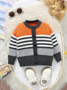 1 pezzo Cardigan maglia a costine, design a righe multicolore, comodo, classico collo a equipaggio, manica lunga, giacca casual e alla moda per autunno/inverno