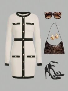 SHEIN Clasi 女士秋冬保暖羊毛拼接圆领长袖修身优雅迷你连衣裙休闲感恩节服装女士连衣裙女士长袖连衣裙