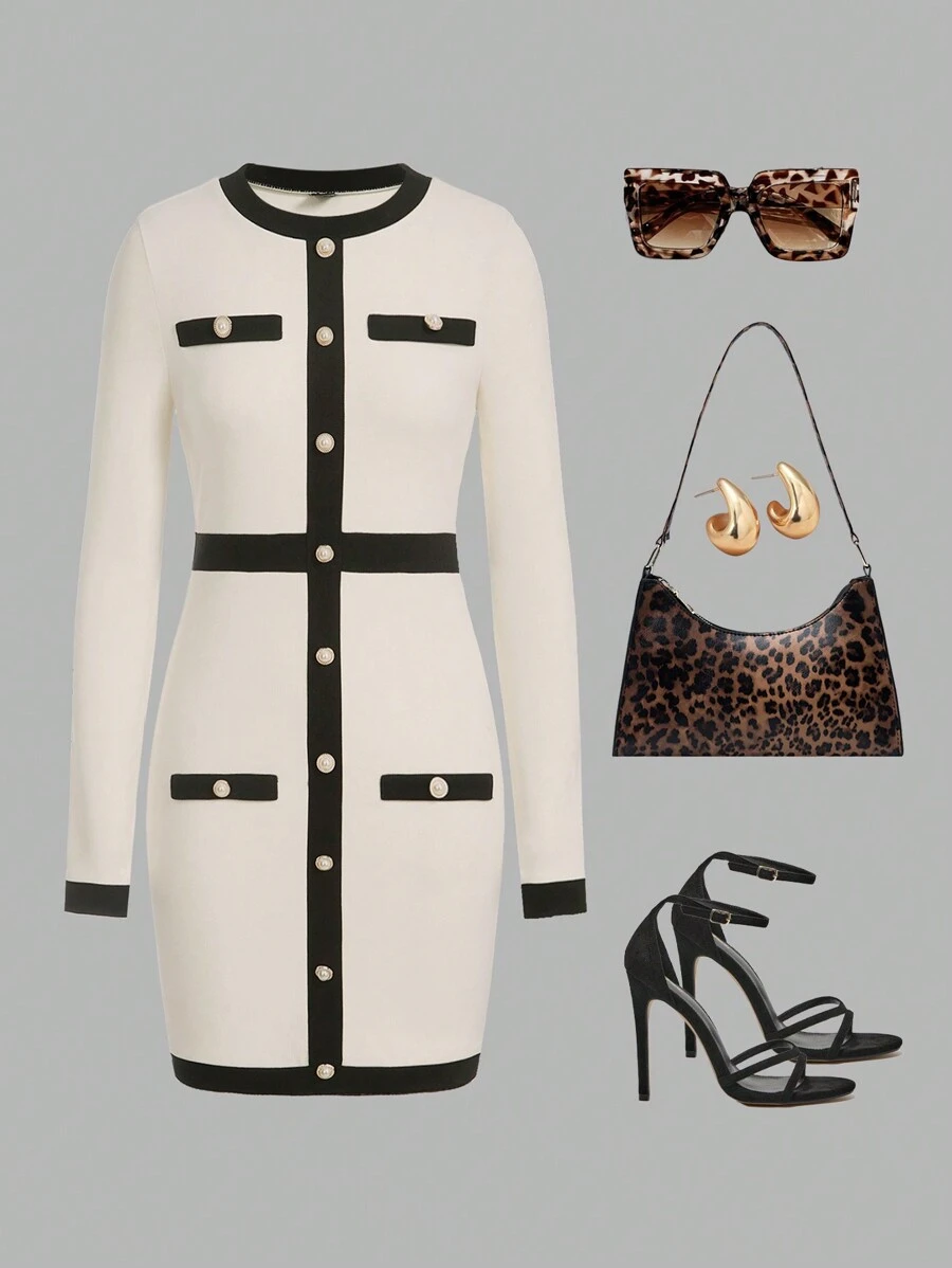 SHEIN Clasi 女士秋冬保暖羊毛拼接圆领长袖修身优雅迷你连衣裙休闲感恩节服装女士连衣裙女士长袖连衣裙