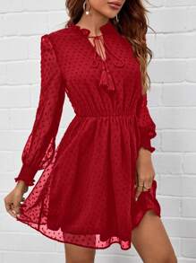 SHEIN Clasi Women's Frill Tie Neck Long Sleeve Elegant Short Dress - Red - View 1
