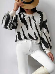 Chiquease Zebramuster lose gestrickter Rundhals Langarm Pullover für Damen, Herbst/Winter