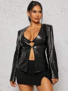 SHEIN SXY Traje de chaqueta negro con escote profundo en V para uso en la oficina