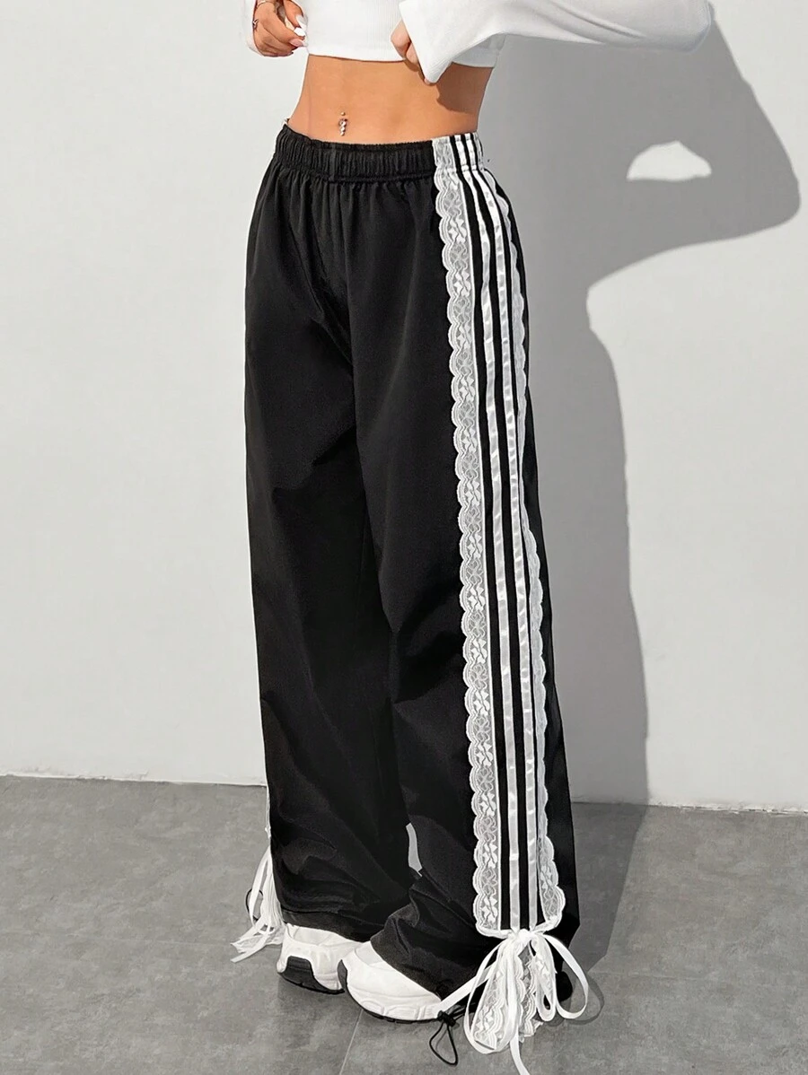 Muchica 女士松紧腰侧条纹阔腿宽松休闲裤