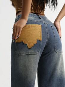 SHEIN ICON Jeans droits baggy taille basse femme, imprimé lettre vintage avec poches, lavé - Jean bleu - Voir 5