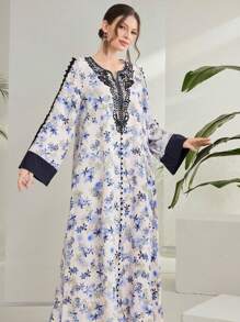 Al Najma Women's Floral Print Contrast Lace Flare Sleeve Maxi Arabian Dress Kaftan Jalabiya Dress - Multicolor - View 4