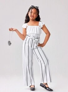 SHEIN Conjunto de 2 piezas para niñas y niñas pequeñas: Top con mangas abullonadas de efecto metálico brillante combinada con falda plisada en línea A, de tela cómoda y suave, adecuada para ocasiones casuales, salidas, fiestas, vacaciones y la escuela