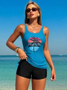 SHEIN Swim 2pcs Printed Modest Tankini With Side Cutout For Women Summer - Blue - View 4