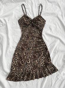 Soleia Women's Fashionable Sexy Leopard Print Twist Front Asymmetrical Ruffle Hem Bodycon Mini Dress, Suitable For Party - Multicolor - View 5
