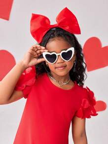 Vestido línea A con cuello redondo para niñas preadolescentes, con decoración de malla 3D y parches, en color rojo, adecuado para Año Nuevo, salidas, fiestas y todas las estaciones