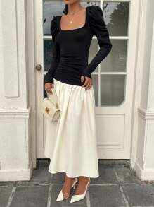 Chiquease 女装法式复古聚会约会度假方领优雅拼色黑白拼接长袖羊腿袖休闲针织高弹力A字下摆长裙超长款女装 - 彩色 - 查看 6