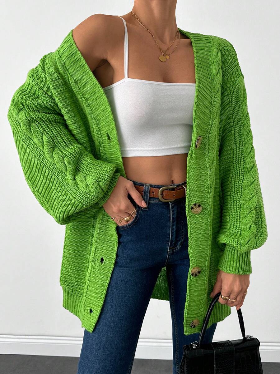 EURMUSE Women's Solid Color Drop Shoulder Long Sleeve Single Breasted Casual Cardigan, Autumn/Winter - Green - View 1
