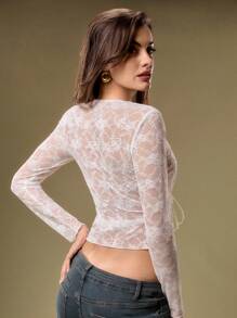 SHEIN Unity Women's Lace Hollow-Out Asymmetric Hem Sexy Sheer Blouse