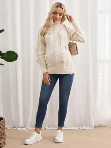 SHEIN Maternity Casual Pullover, High Neck Drop Shoulder Jacquard Knit Sweater, Winter Maternity Clothing - Khaki - View 4