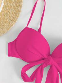 Swim Mod 素色比基尼套裝前打結聚攏內衣和高衩下裝和褶邊沙灘半身裙3入組泳衣 - 玫紅色 - 查看 5