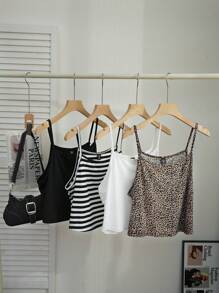 SHEIN EZwear Plus Size Summer Casual Tie Vintage Elastic Fitted Knit Cami Top Set For Spring