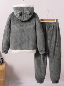SHEIN Set de 2 piezas de chaqueta con cremallera y decoración de oreja de peluche y pantalones, informal y lindo, para niños preadolescentes, para otoño/invierno