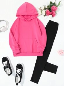 Set de 2 piezas: Sudadera con capucha suelta casual rosa con estampado de letras y leggings negros ajustados para adolescentes, otoño