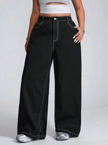 Jeanoix 带超大英式刺绣口袋的洗水黑色宽松牛仔裤 - 黑色 - 查看 6