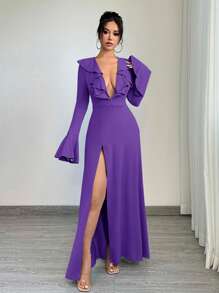 SHEIN SXY Herfst Dameskleding Effen Diepe V-hals Gerimpelde Split Tot Dij Sexy Lange Mouw Herfst Damesjurken Hoco Jurken
