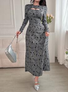 Modelyn 女士花卉提花镂空圆领长袖连衣裙长款晚礼服 - 藍色 - 查看 2