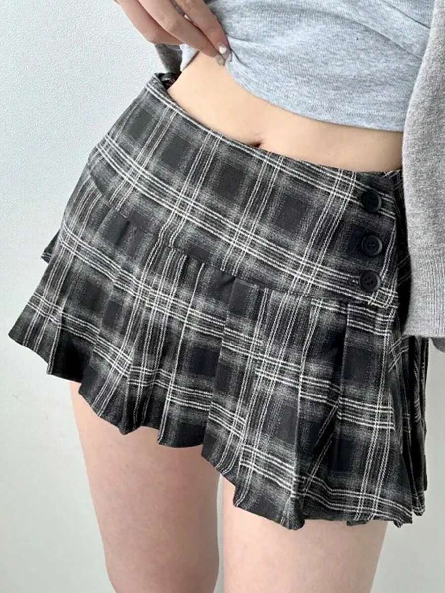 DAZY Women's Low Waist Plaid Mini Skirt, Spring/Summer,Fall Clothes - Black - View 1