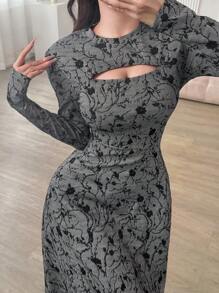 Modelyn 女士花卉提花镂空圆领长袖连衣裙长款晚礼服 - 藍色 - 查看 1