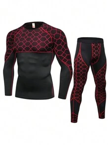 Manfinity Fitness Men 2pcs Solid Color Patchwork Round Neck Long Sleeve Top And Trousers Set, Minimalist Style